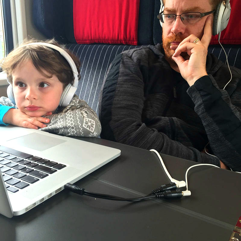 Reuben and Lee Using Laptop on Train in Switzerland