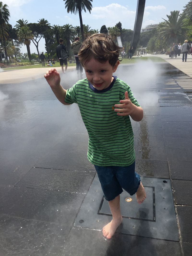 Reuben in Fountains, Playground at Promenade du Paillon, Nice, France