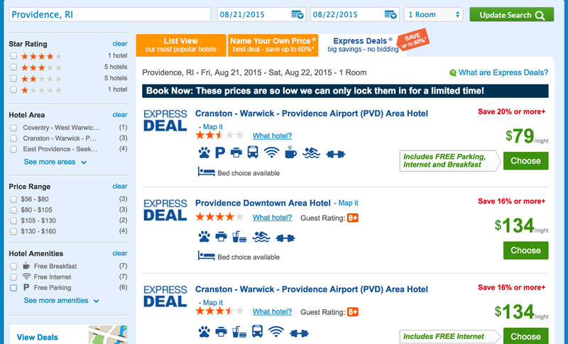 Express Deals Results, Using Priceline Express Deals