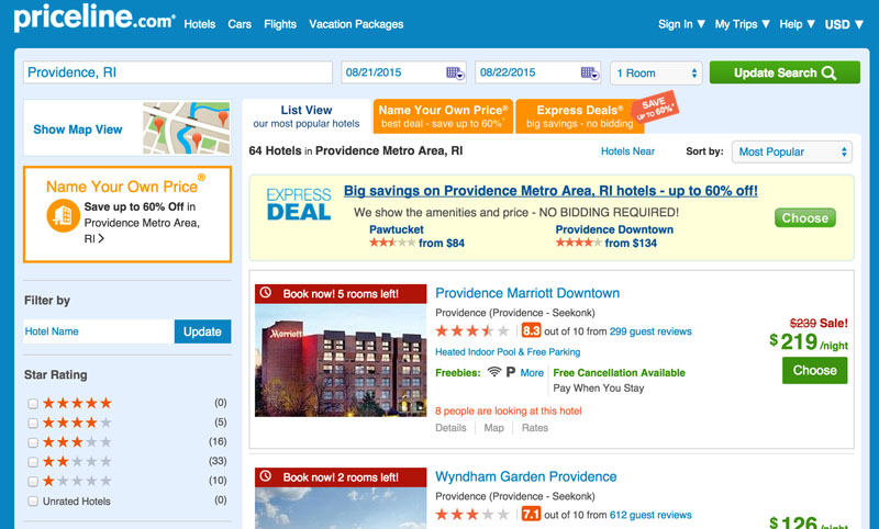Priceline Search Results, Using Priceline Express Deals