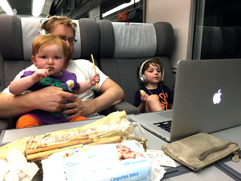 Lee, Reuben and Hazel on train in Italy