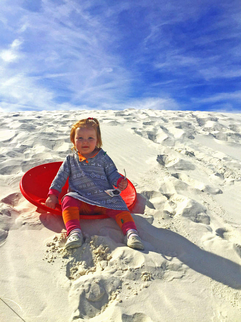 Hazel Sandboarding at White Sands, New Mexico