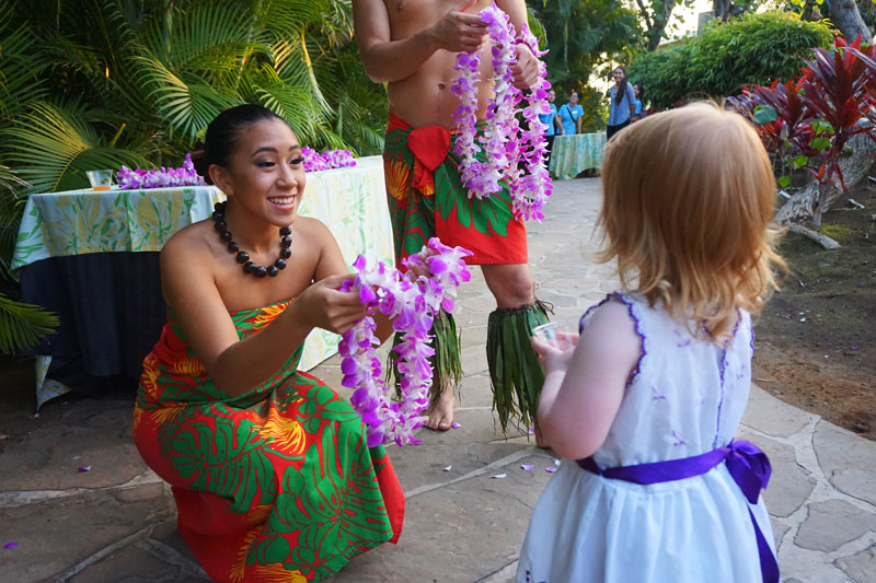 Hazel receiving a Lei at the Luau Hilton Waikoloa Village Big Island Hawaii