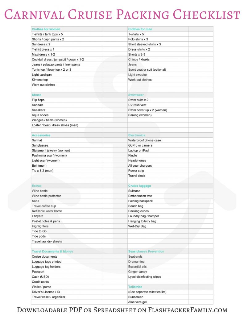 Carnival Cruise Packing Checklist PDF Printable