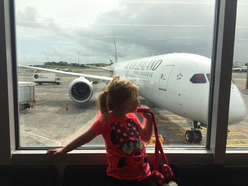Hazel waiting to board another long flight, Auckland to Tokyo on Air New Zealand